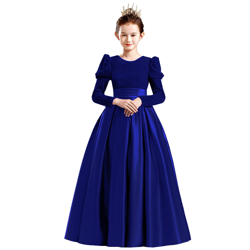 Dideyttawl Velvet Girls Formal Dress Long Sleeves Satin Flower Girl Dress 2541
