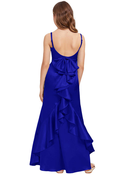 dideyttawl Mermaid Junior Bridesmaid Dress with Slit V-Neck Ruffles Bow Stretch Satin Flower Girl Dress Sleeveless Formal Special Occasion Dress for Wedding 2522