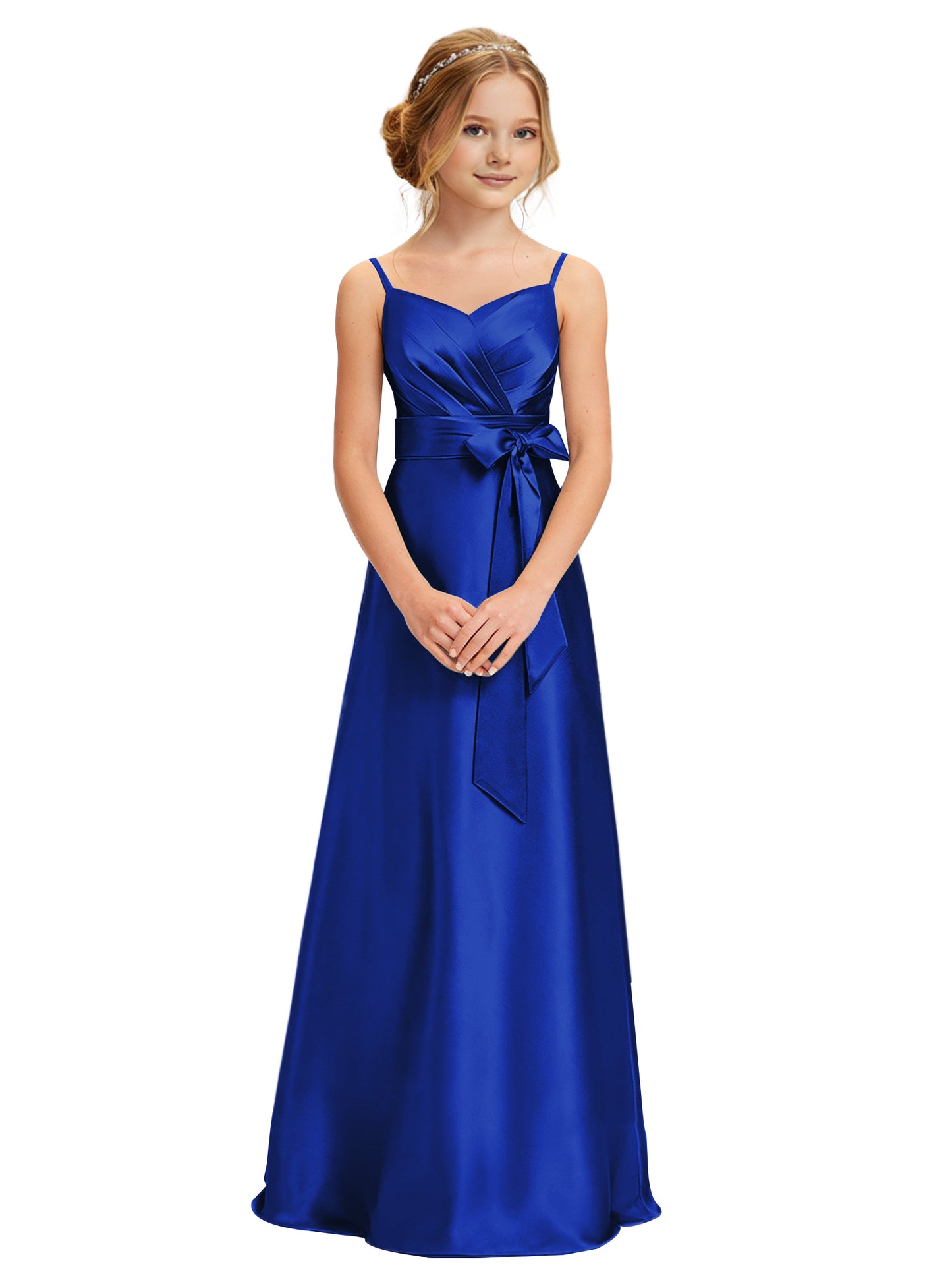 dideyttawl 2026 Girls Pleated Satin Prom Dress Bow Belt Ball Gown Maxi Spaghetti Straps Junior Bridesmaid Dress 2547
