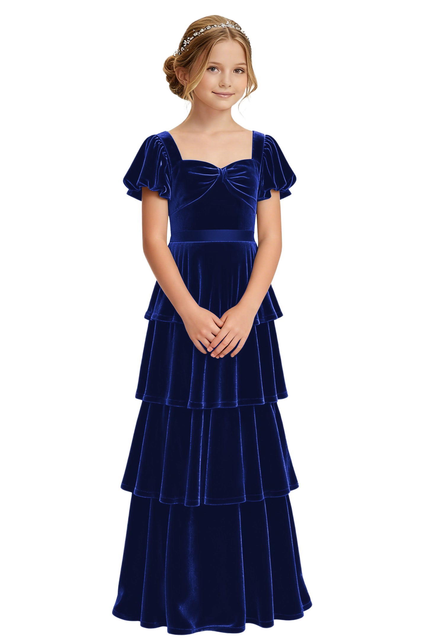 dideyttawl Girls Pleated Velvet Short Lantern Sleeves Long Junior Bridesmaid Dress 2542