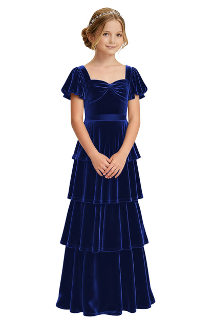 dideyttawl Girls Pleated Velvet Short Lantern Sleeves Long Junior Bridesmaid Dress 2542