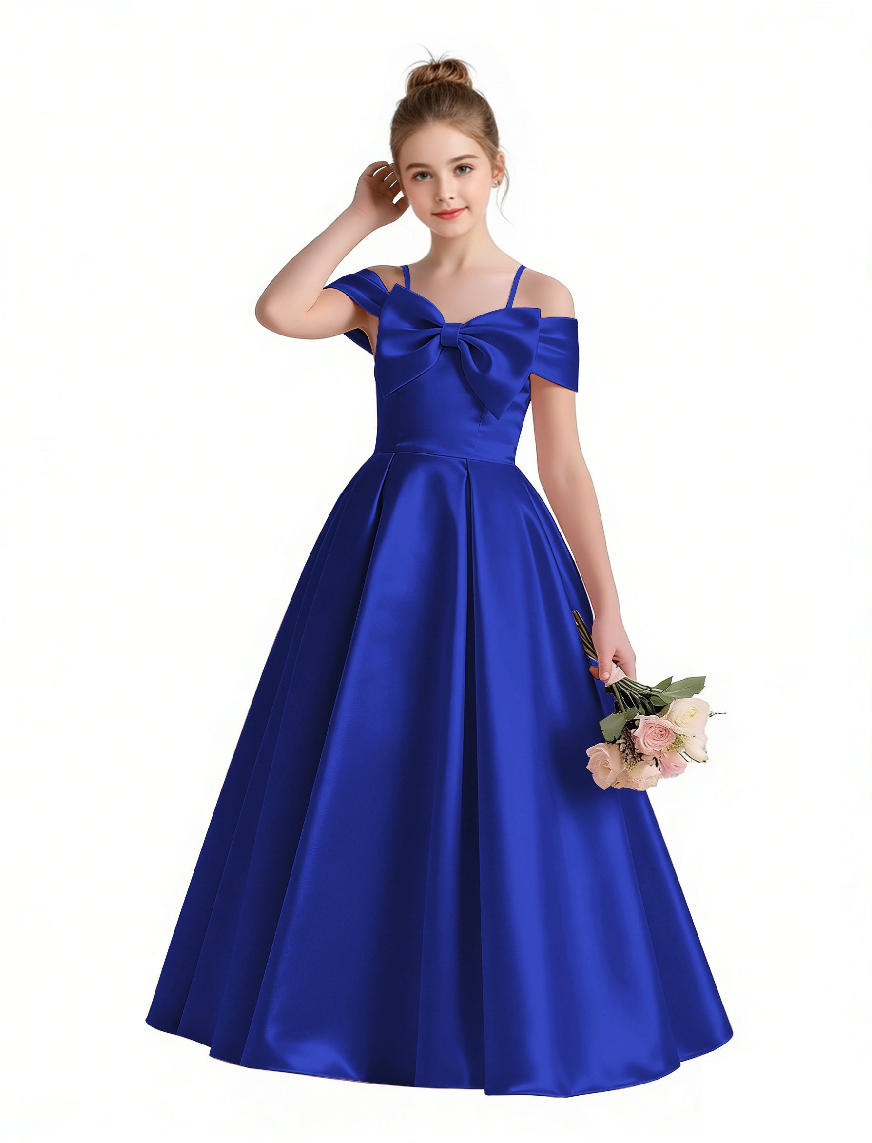 Dideyttawl White Girls Formal Dress Off-the-Shoulder Satin Ball Gown