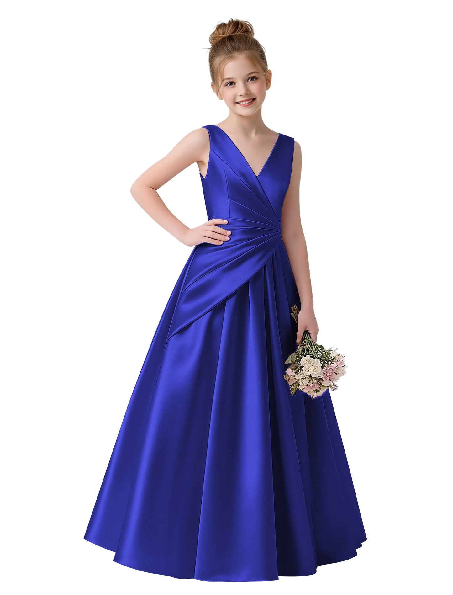 dideyttawl 2026 Pleated Satin Flower Girl Dress Junior Bridesmaid Dress Sleeveless A Line V-Neck Prom Ball Gown 2786
