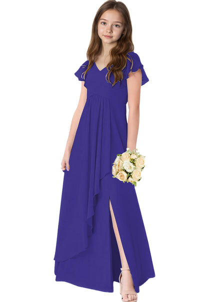 dideyttawl Chiffon Junior Bridesmaid Dresses V Neck Ruffle Sleeves Chiffon Pleated Flowy Flower Girls Dress or 4-16 2506