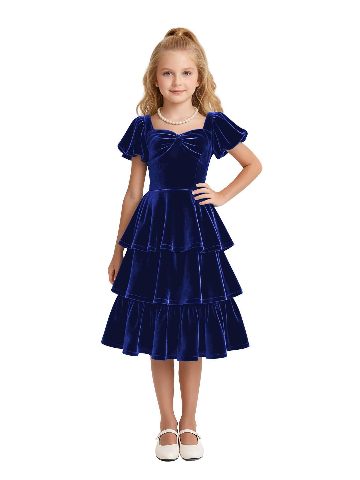 dideyttawl Girls Pleated Velvet Knee Length Junior Bridesmaid Dress with Short Lantern Sleeves 2543
