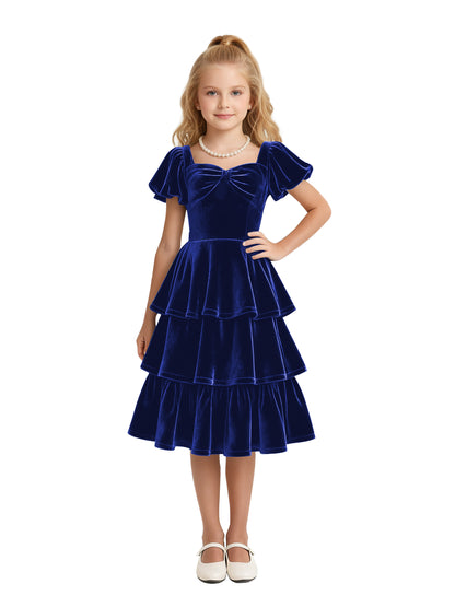 dideyttawl Girls Pleated Velvet Knee Length Junior Bridesmaid Dress with Short Lantern Sleeves 2543