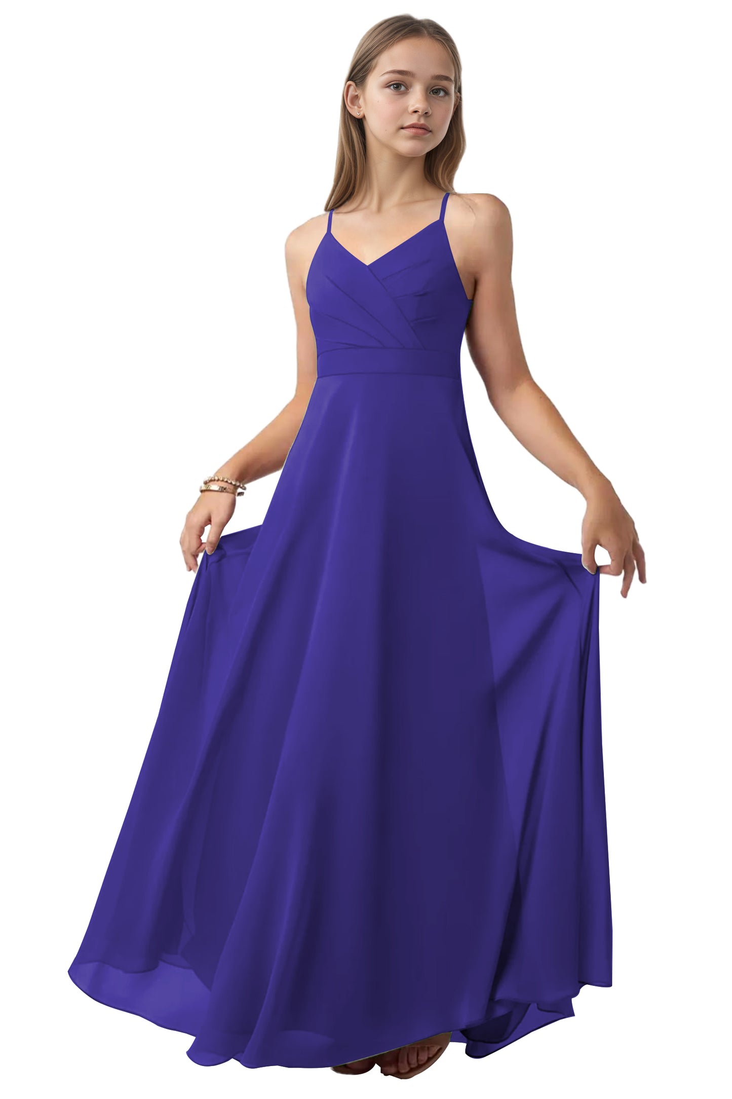 dideyttawl V-Neck Junior Bridesmaid Dress Spaghetti Straps Pleated Chiffon A-Line Flower Girl Dress 2510