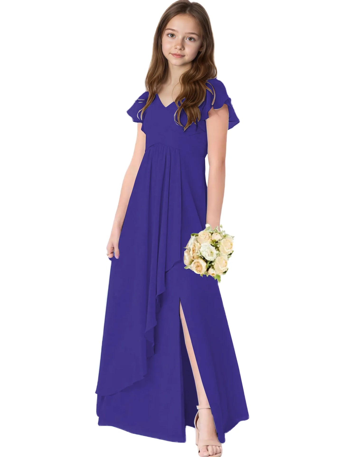 Dideyttawl Chiffon Junior Bridesmaid Dresses Ruffle Sleeves Party Gown 2506