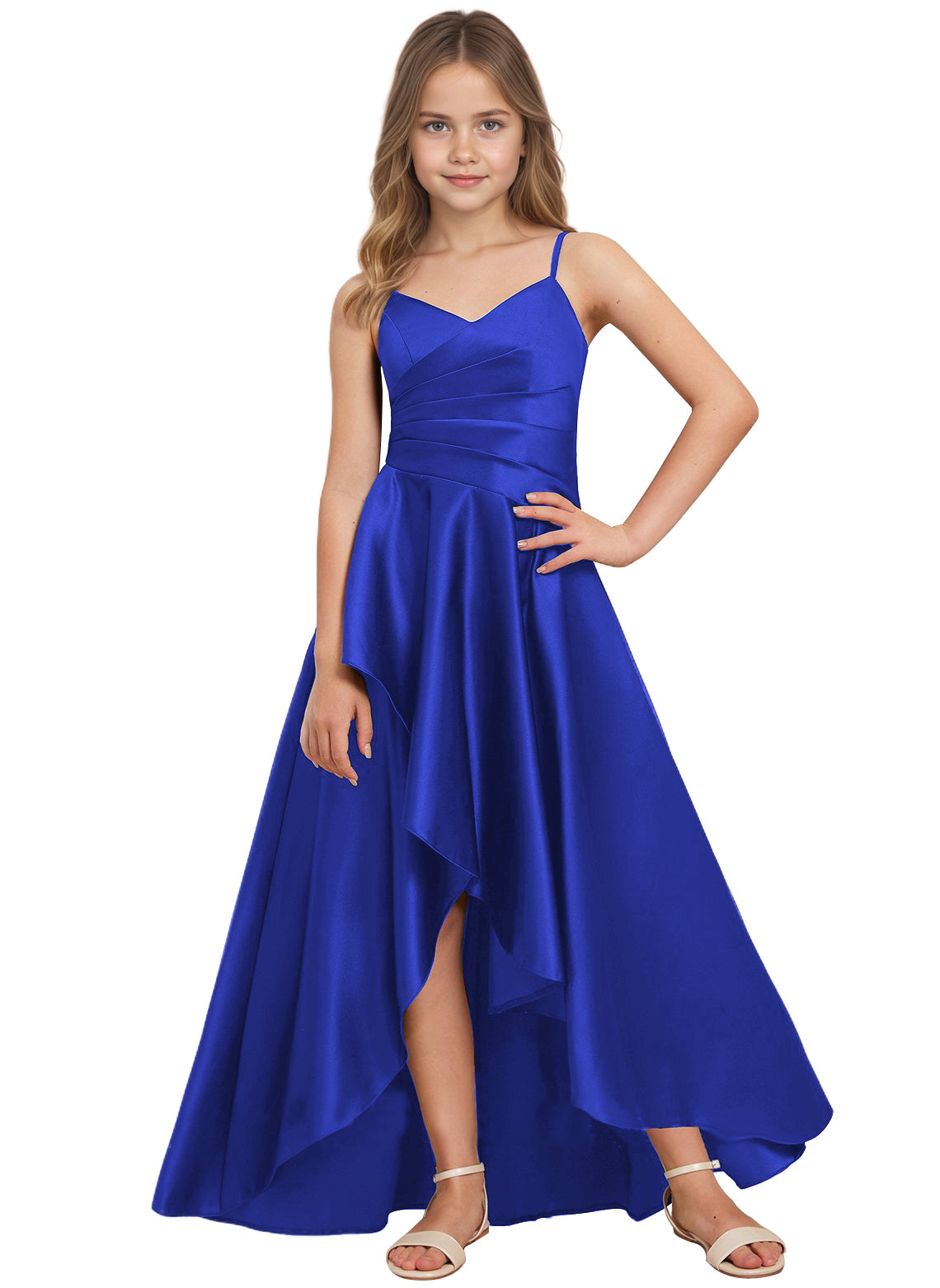 dideyttawl High Low Junior Bridesmaid Dress V-Neck Silk Satin Flower Girl Dress Sleeveless Formal Special Occasion Dress for Wedding 2523
