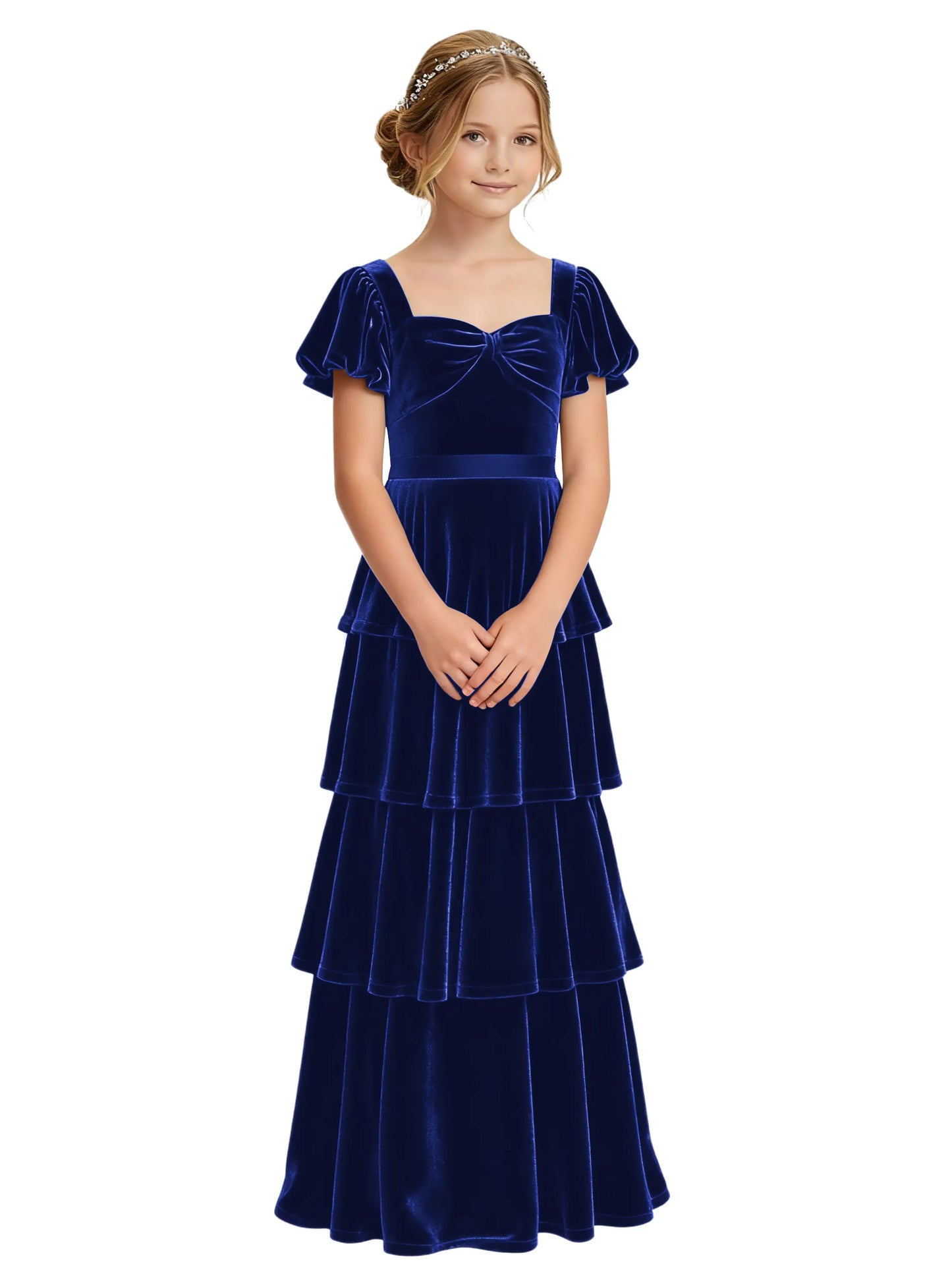 Dideyttawl Burgundy Velvet Junior Bridesmaid Dress Puff Sleeve Tiered Ruffle Formal Dress