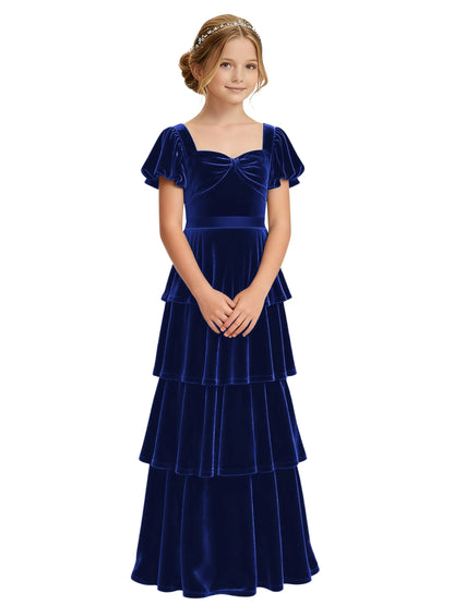 Dideyttawl Burgundy Velvet Junior Bridesmaid Dress Puff Sleeve Tiered Ruffle Formal Dress