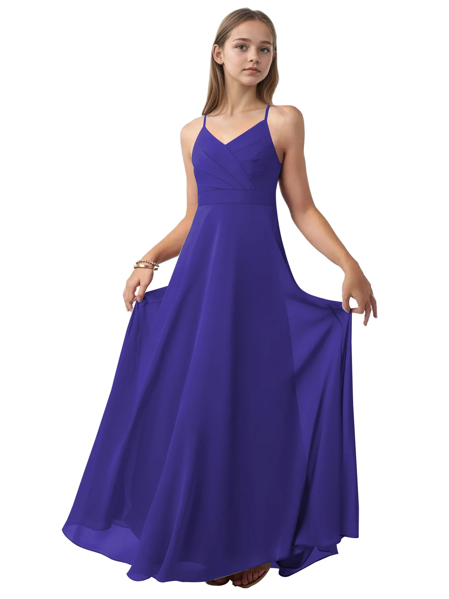 dideyttawl V-Neck Junior Bridesmaid Dress Spaghetti Straps Pleated Chiffon A-Line Flower Girl Dress 2510