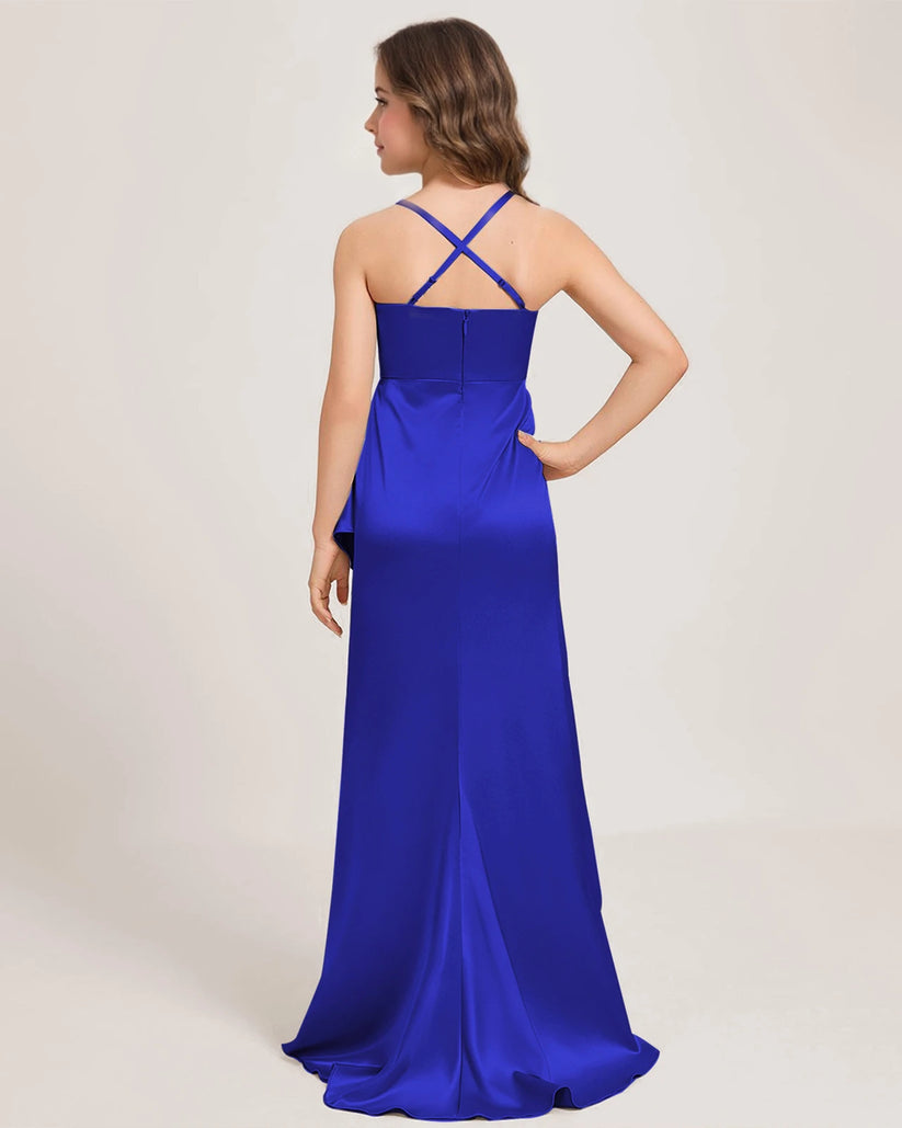Royal Blue Satin A-line Girls Formal Dress Back View