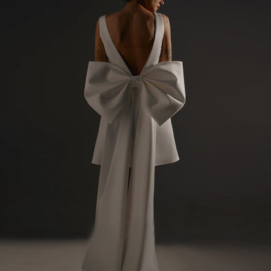 2025 Detachable Big Bow Mini Wedding Dress Sleeveless Short Bridal Gown Women Modern Backless Wedding Gown