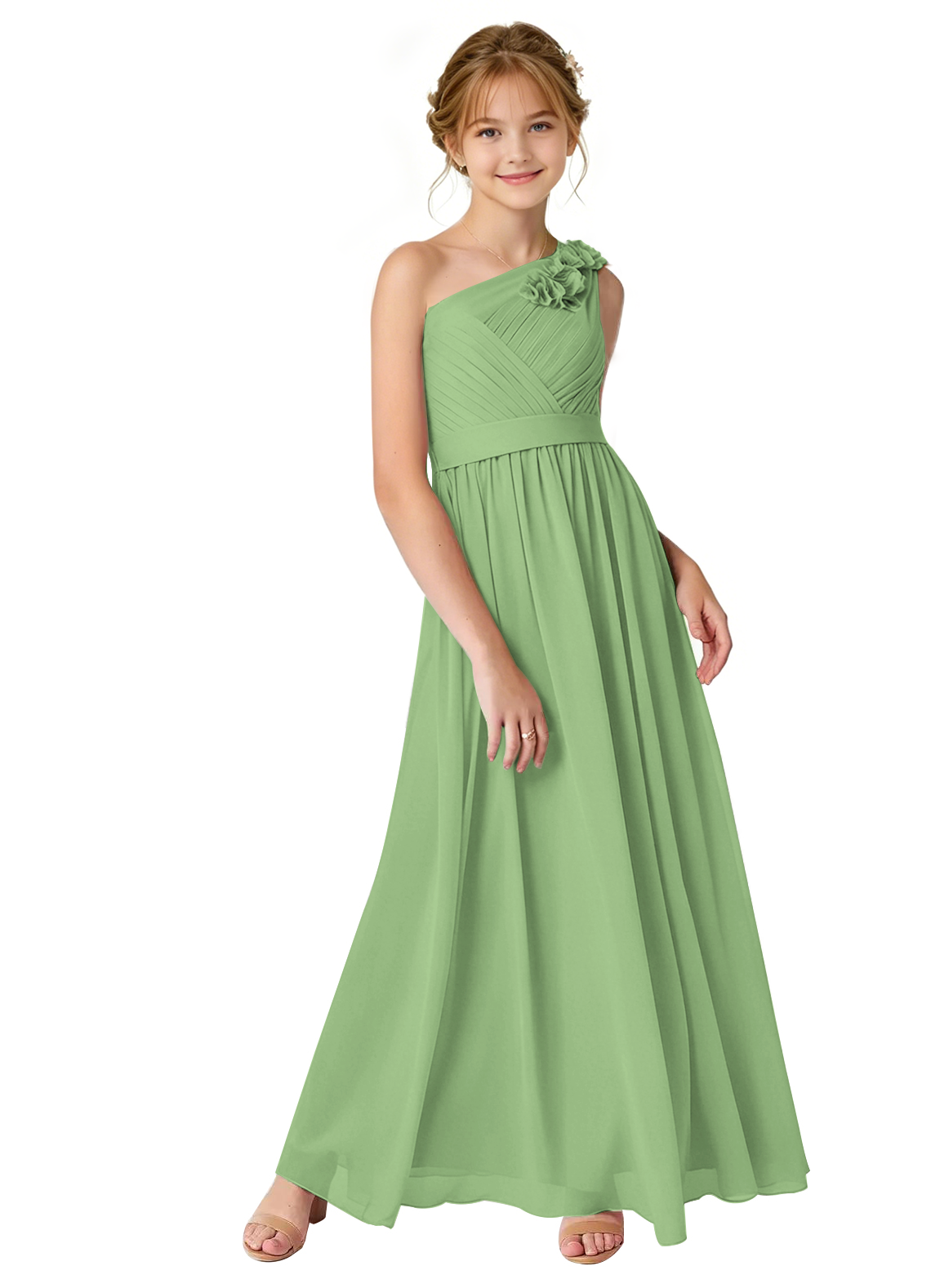 dideyttawl One Shoulder Pleated Junior Bridesmaid Dresses for Wedding A-Line Chiffon 3D Flower Girls Formal Party Dress 2604
