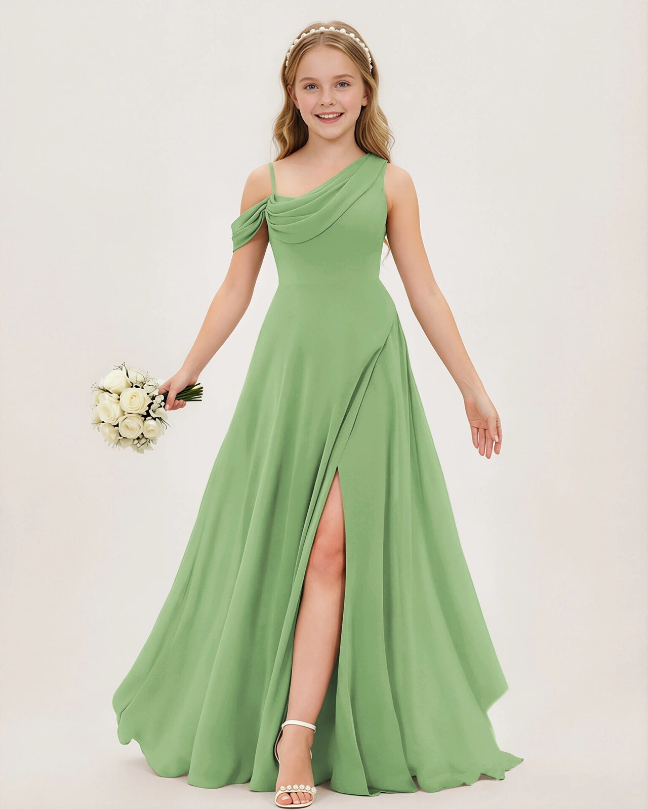 Sage Green Chiffon A-line Junior Bridesmaid Dress Front View