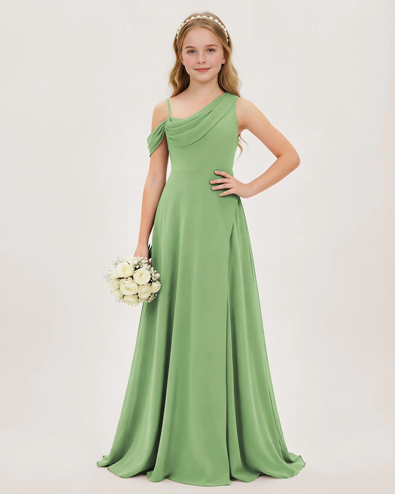Sage Green Chiffon A-line Junior Bridesmaid Dress Front View