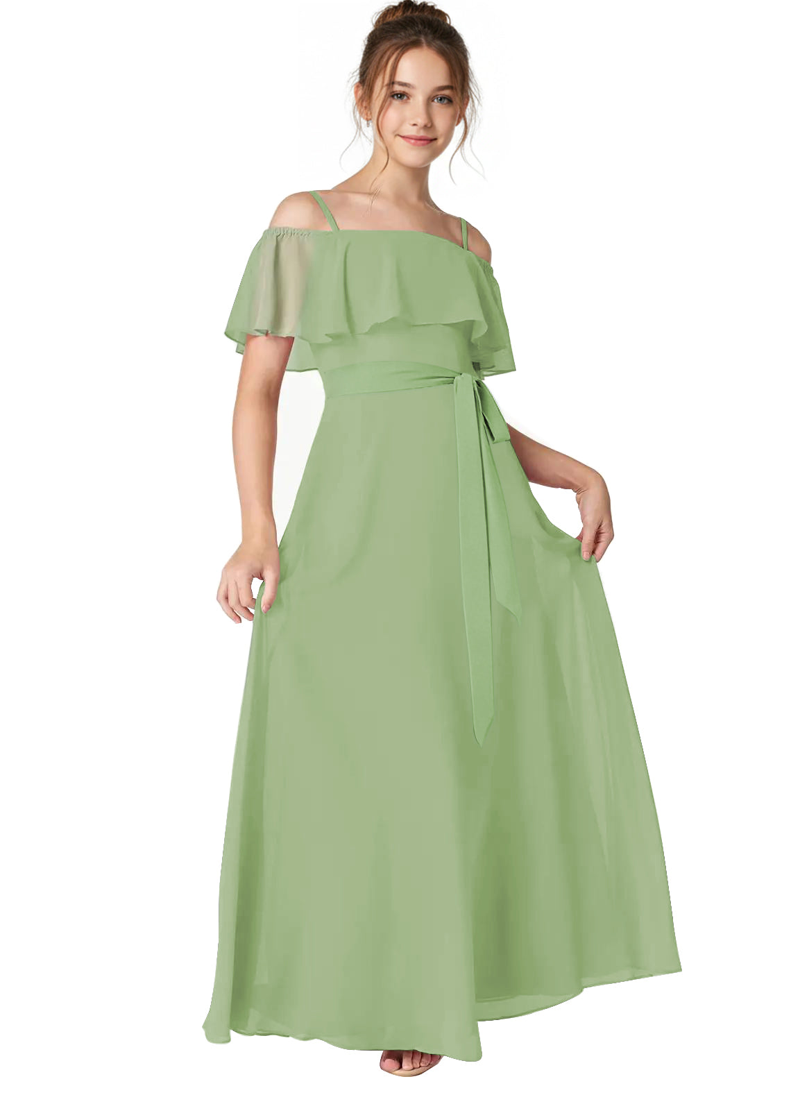 Dideyttawl Junior Bridesmaid Dress with Ruffle Off-the-Shoulder, Sage Green / 8