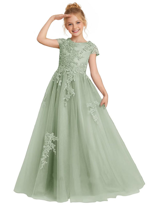 dideyttawl 2026 Flower Girl Dress Lace Applique Junior Bridesmaid Dress Puffy Tulle Cap Sleeves Satin A Line Princess Ball Gown 2776