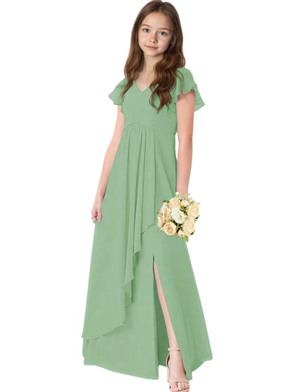 Dideyttawl Chiffon Junior Bridesmaid Dresses Ruffle Sleeves Party Gown 2506