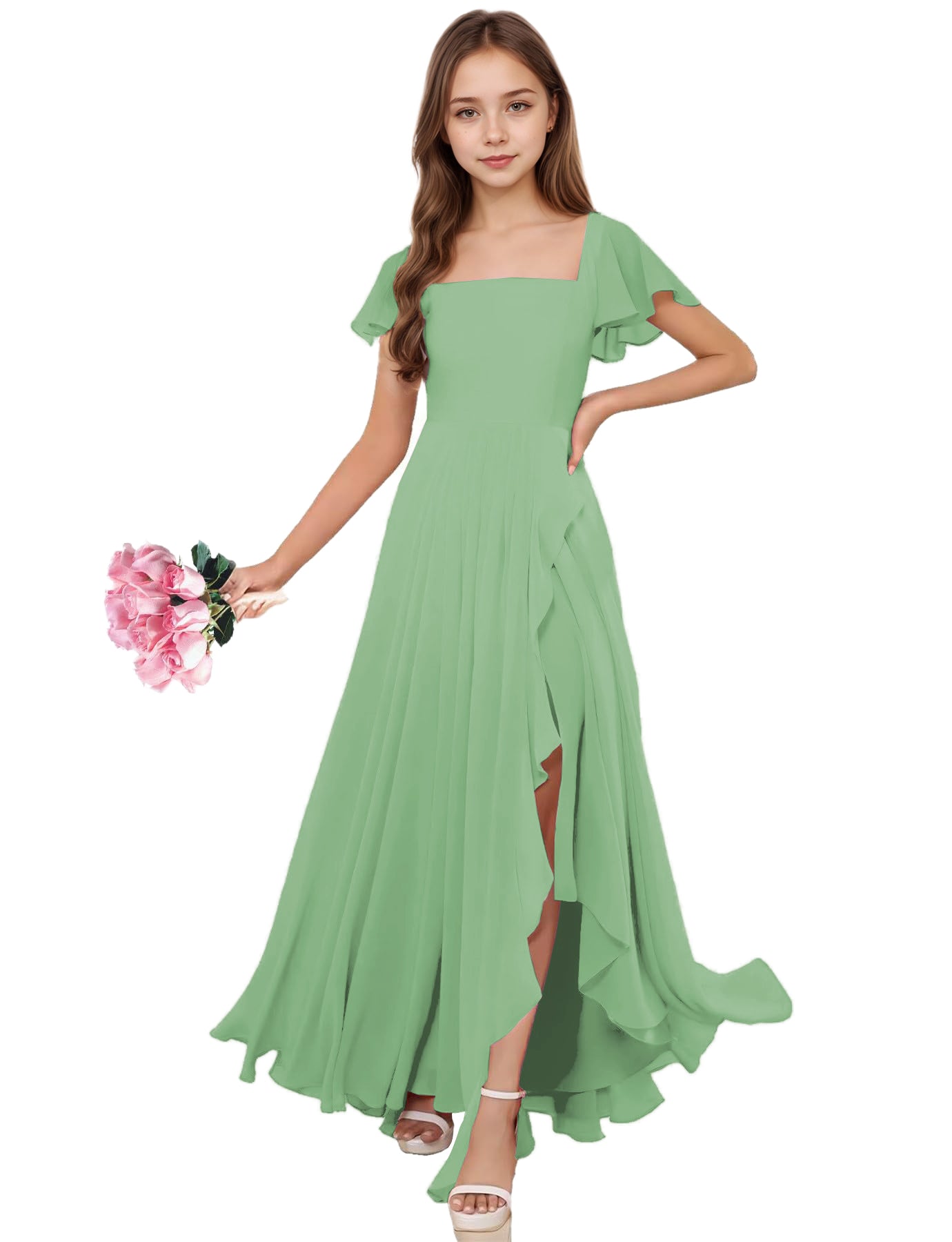 dideyttawl Junior Bridesmaid Dresses Ruffle Sleeve Square Neck Chiffon A-Line Flower Girl Dress with Slit 2508