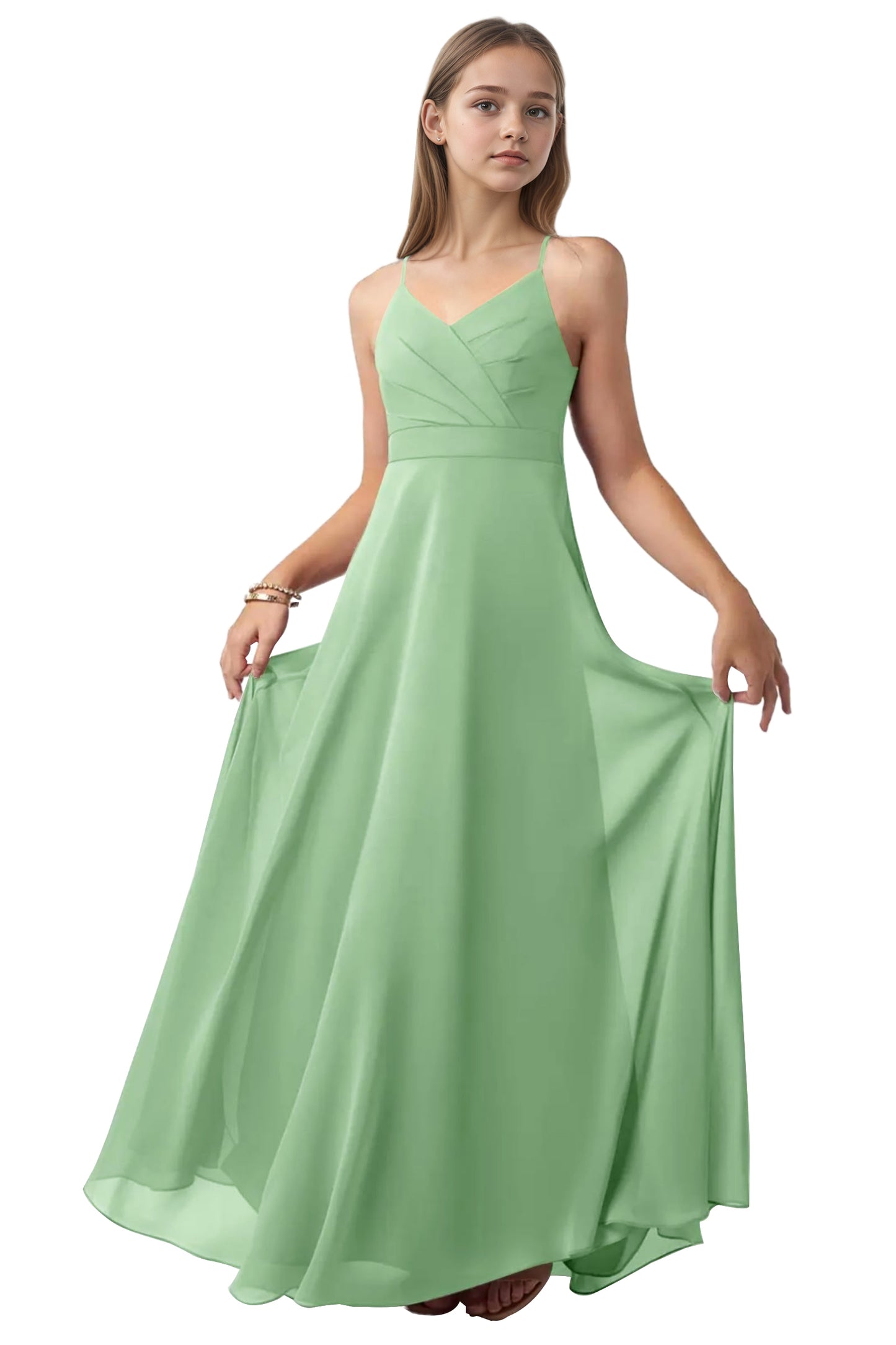 dideyttawl V-Neck Junior Bridesmaid Dress Spaghetti Straps Pleated Chiffon A-Line Flower Girl Dress 2510