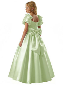 Dideyttawl White Flower Girl Dress Puff Sleeve Satin Ball Gown