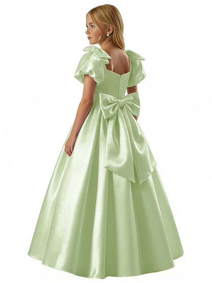 dideyttawl 2026 Satin Flower Girl Dress A Line Big Bow Long Prom Princess Ball Gown Puff Sleeves Junior Bridesmaid Dress 2773