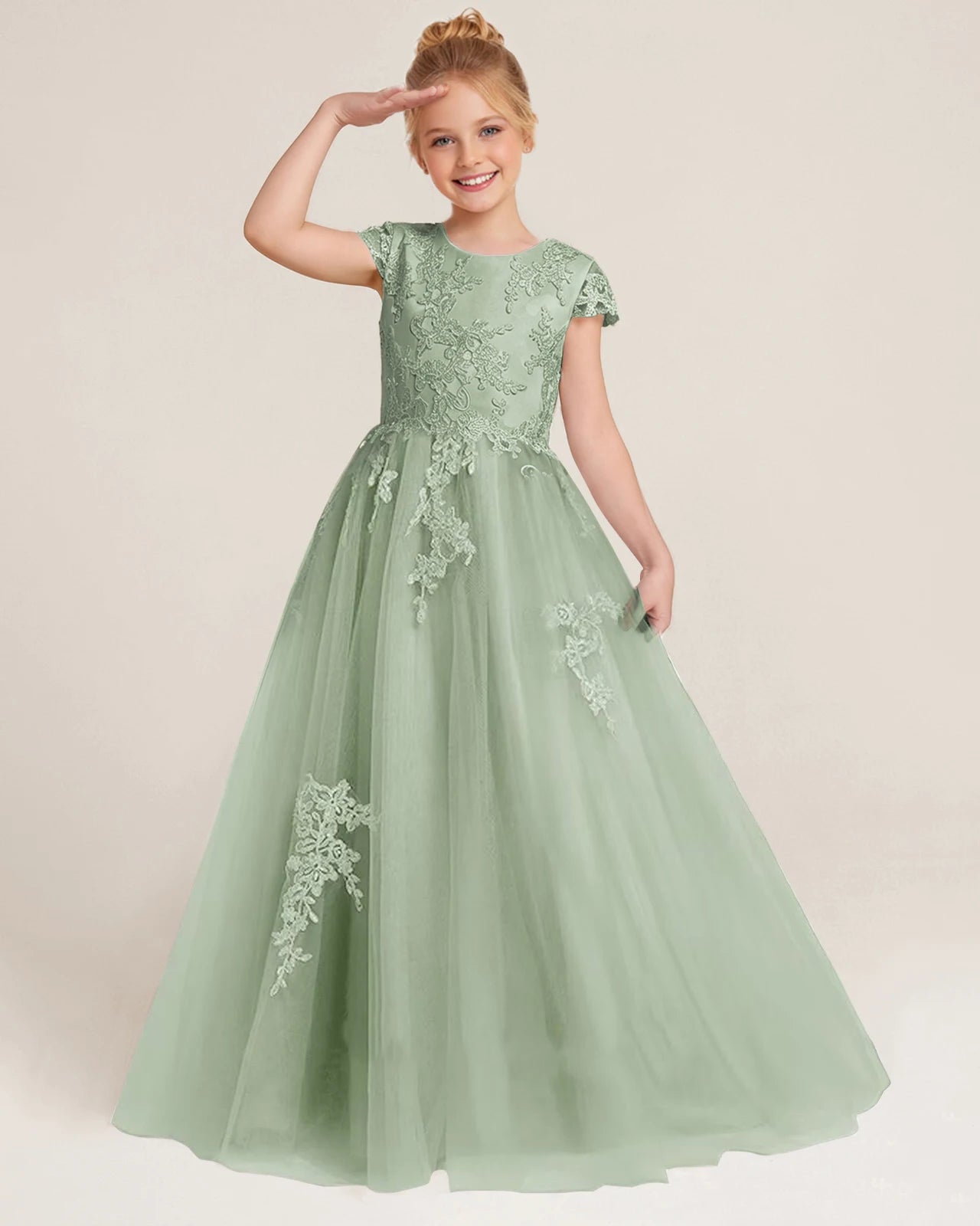 Front Sage Green Lace Flower Girls Dress