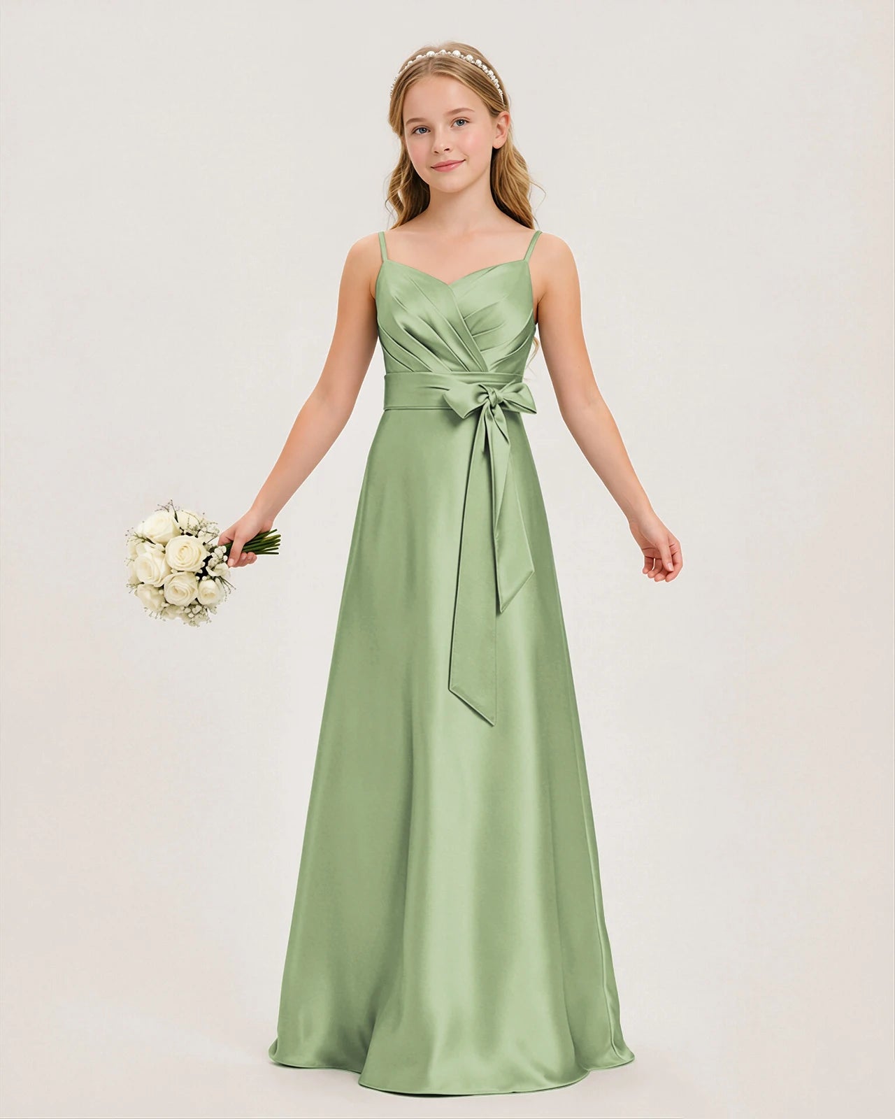 Dideyttawl Dusty Blue Junior Bridesmaid Dress Pleated Satin Maxi Dress with Bow Belt