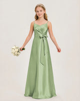 Sage Green Satin A-line Junior Bridesmaid Dress Front View