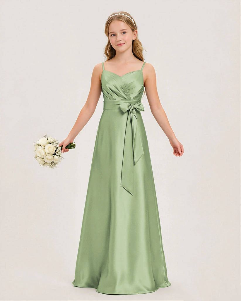 Sage Green Satin A-line Junior Bridesmaid Dress Front View