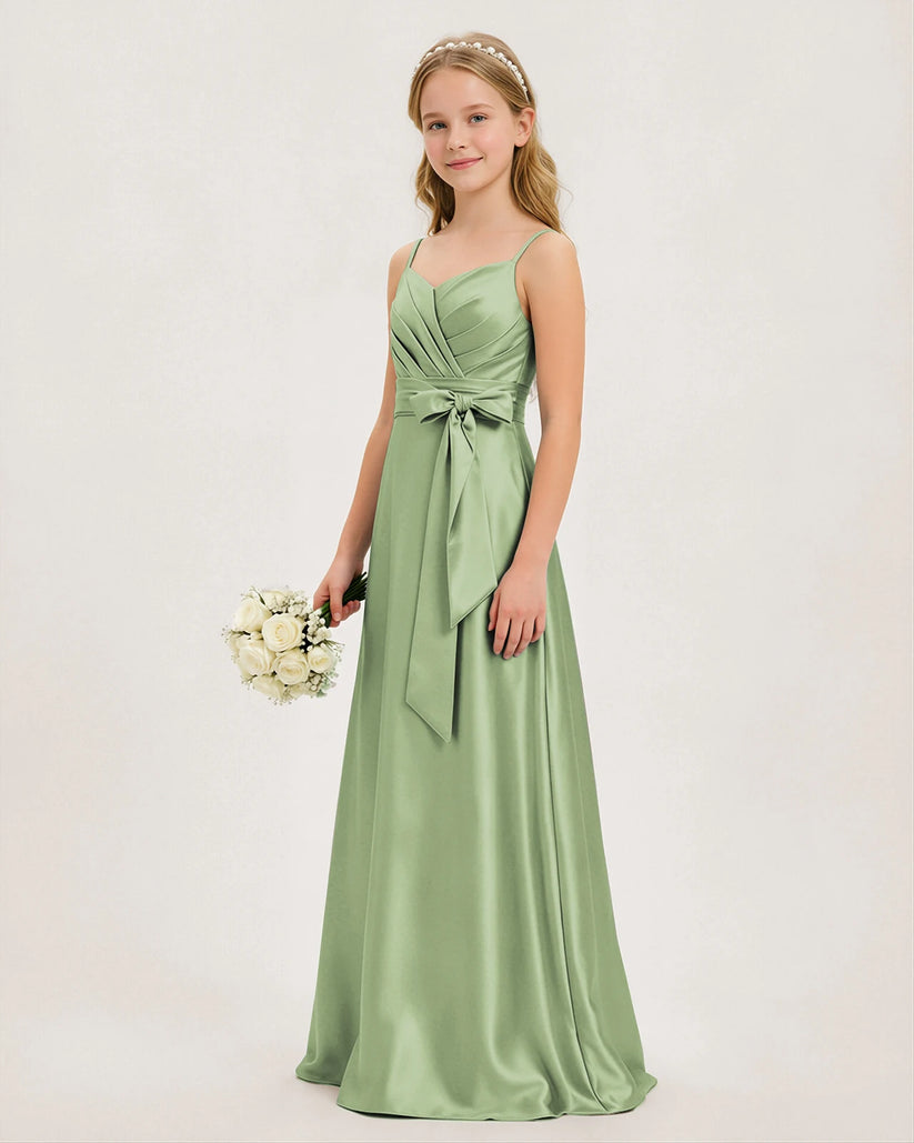 Sage Green Satin A-line Junior Bridesmaid Dress Front View