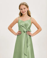 Sage Green Satin A-line Junior Bridesmaid Dress Front View