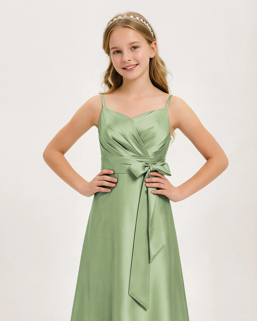 Sage Green Satin A-line Junior Bridesmaid Dress Front View
