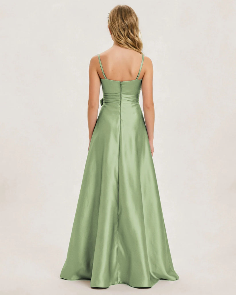 Sage Green Satin A-line Junior Bridesmaid Dress Back View