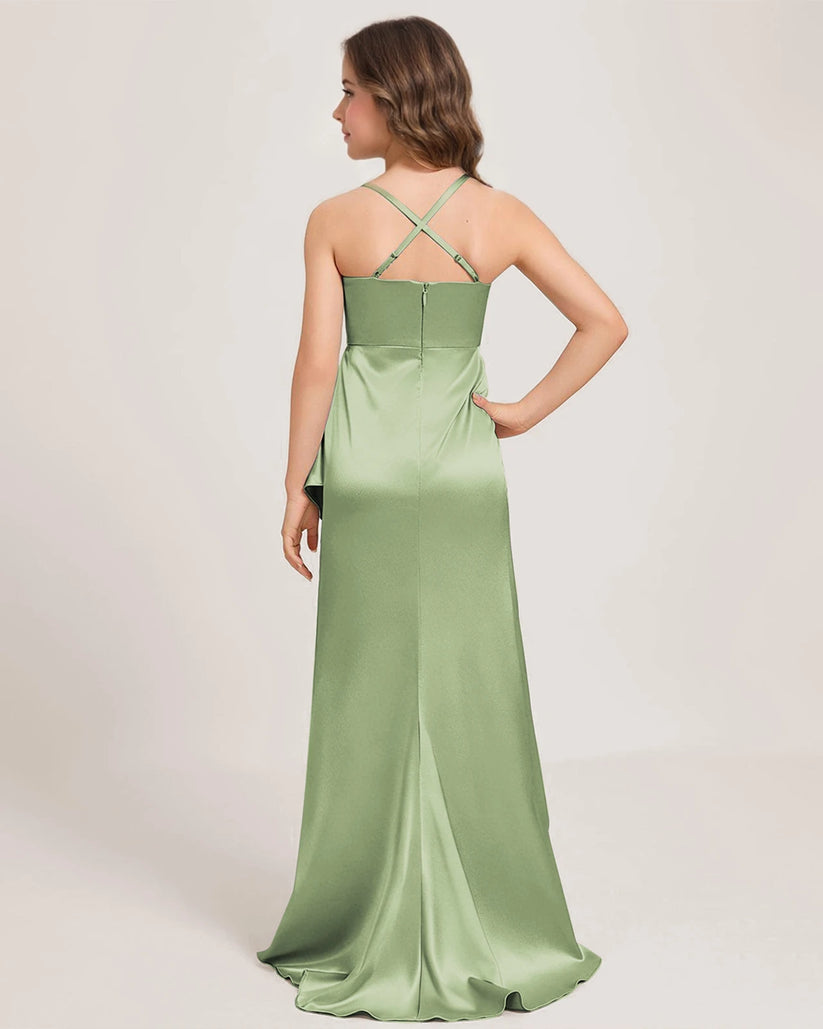 Sage Green Satin A-line Girls Formal Dress Back View