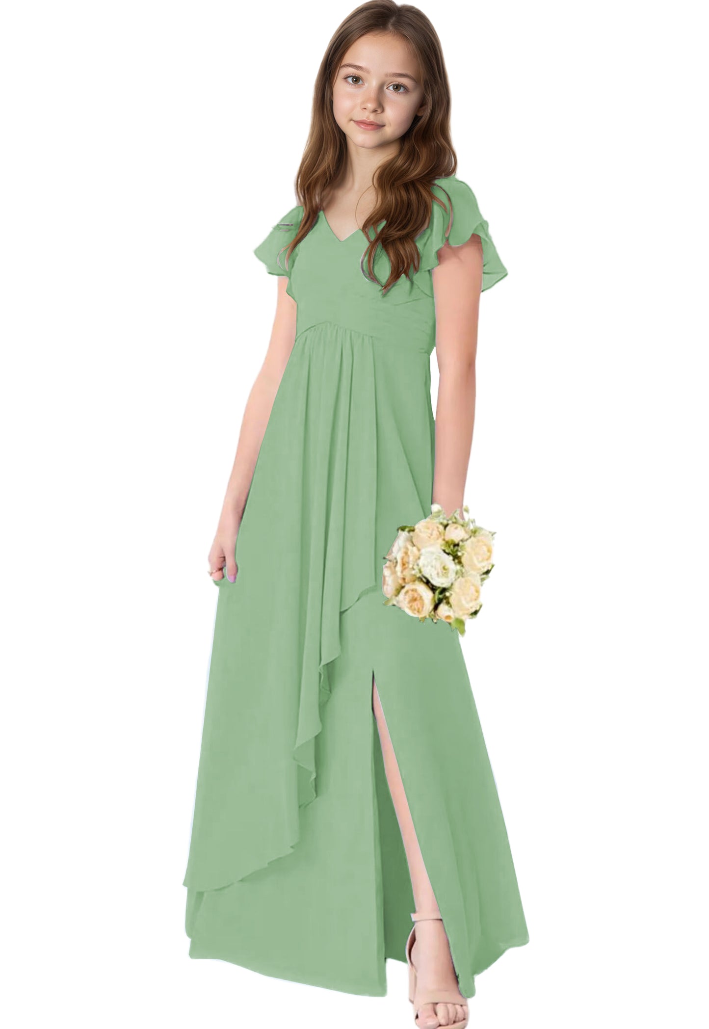 dideyttawl Chiffon Junior Bridesmaid Dresses V Neck Ruffle Sleeves Chiffon Pleated Flowy Flower Girls Dress or 4-16 2506