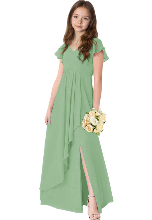 dideyttawl Chiffon Junior Bridesmaid Dresses V Neck Ruffle Sleeves Chiffon Pleated Flowy Flower Girls Dress or 4-16 2506