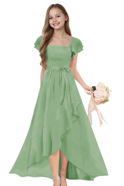 dideyttawl Long Junior Bridesmaid Dresses Ruffle Sleeve Square Neck Chiffon Flower Girl Dress for Wedding 2507