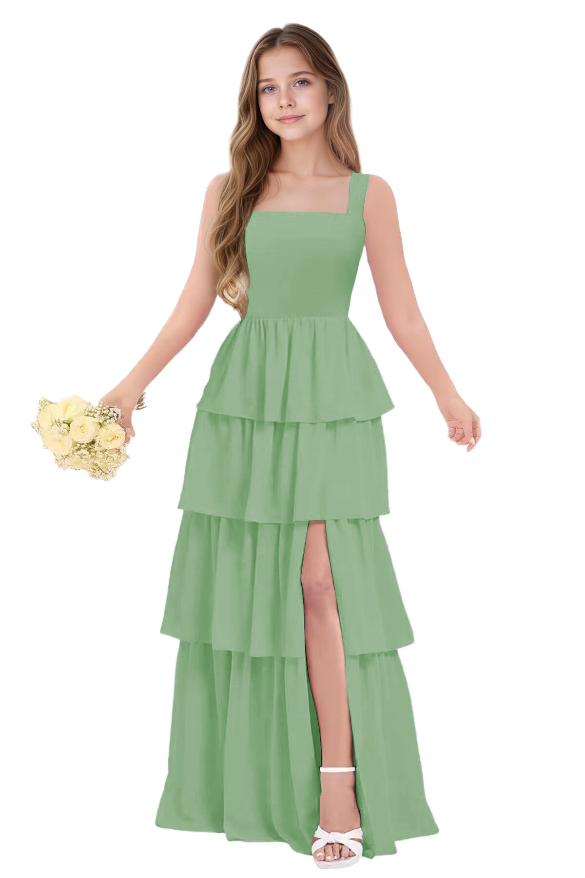 dideyttawl Junior Bridesmaid Dress Spaghetti Strap Square Neck Layered Chiffon A-Line Flower Girl Dress with Slit 2509