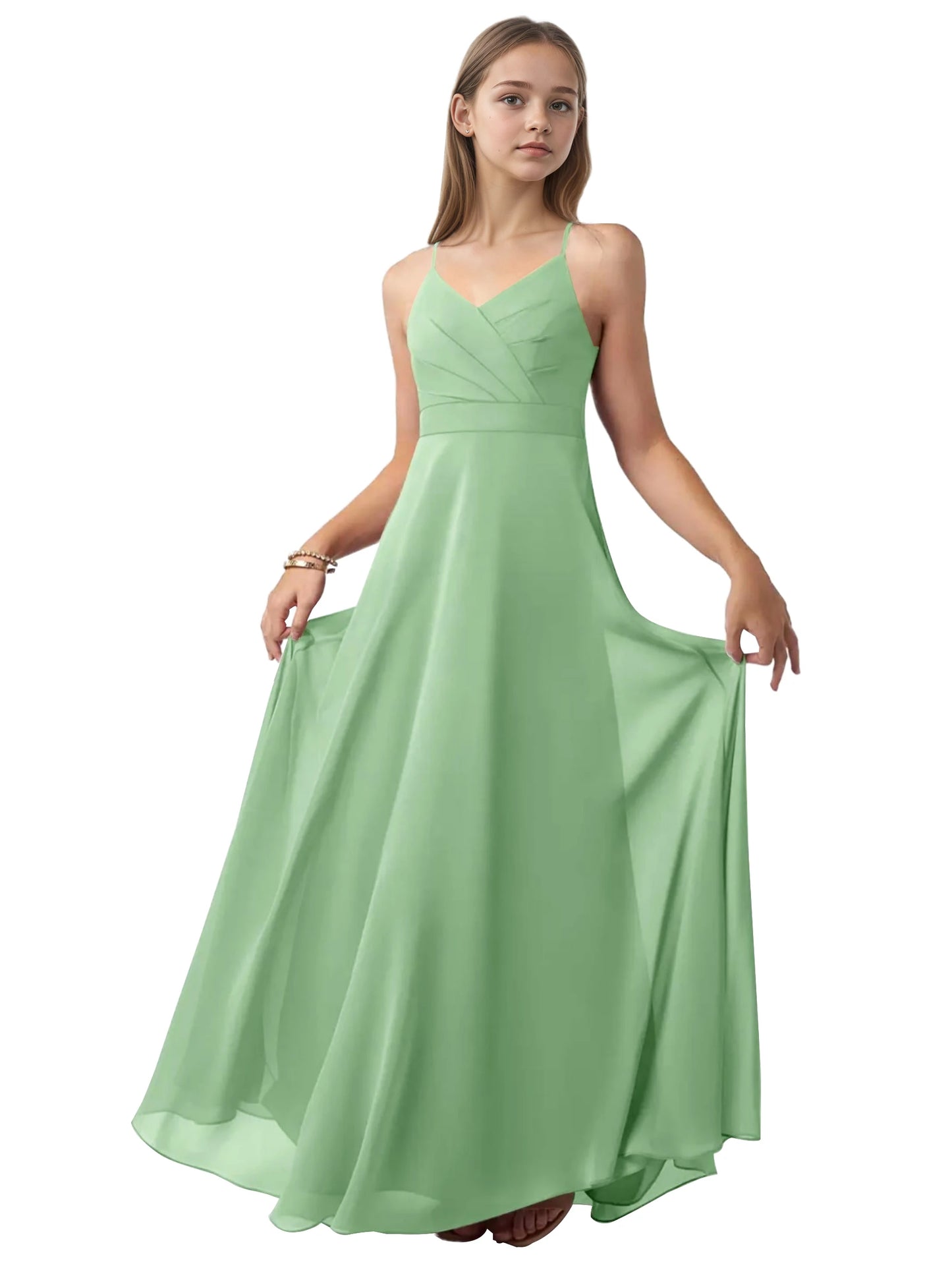 dideyttawl V-Neck Junior Bridesmaid Dress Spaghetti Straps Pleated Chiffon A-Line Flower Girl Dress 2510