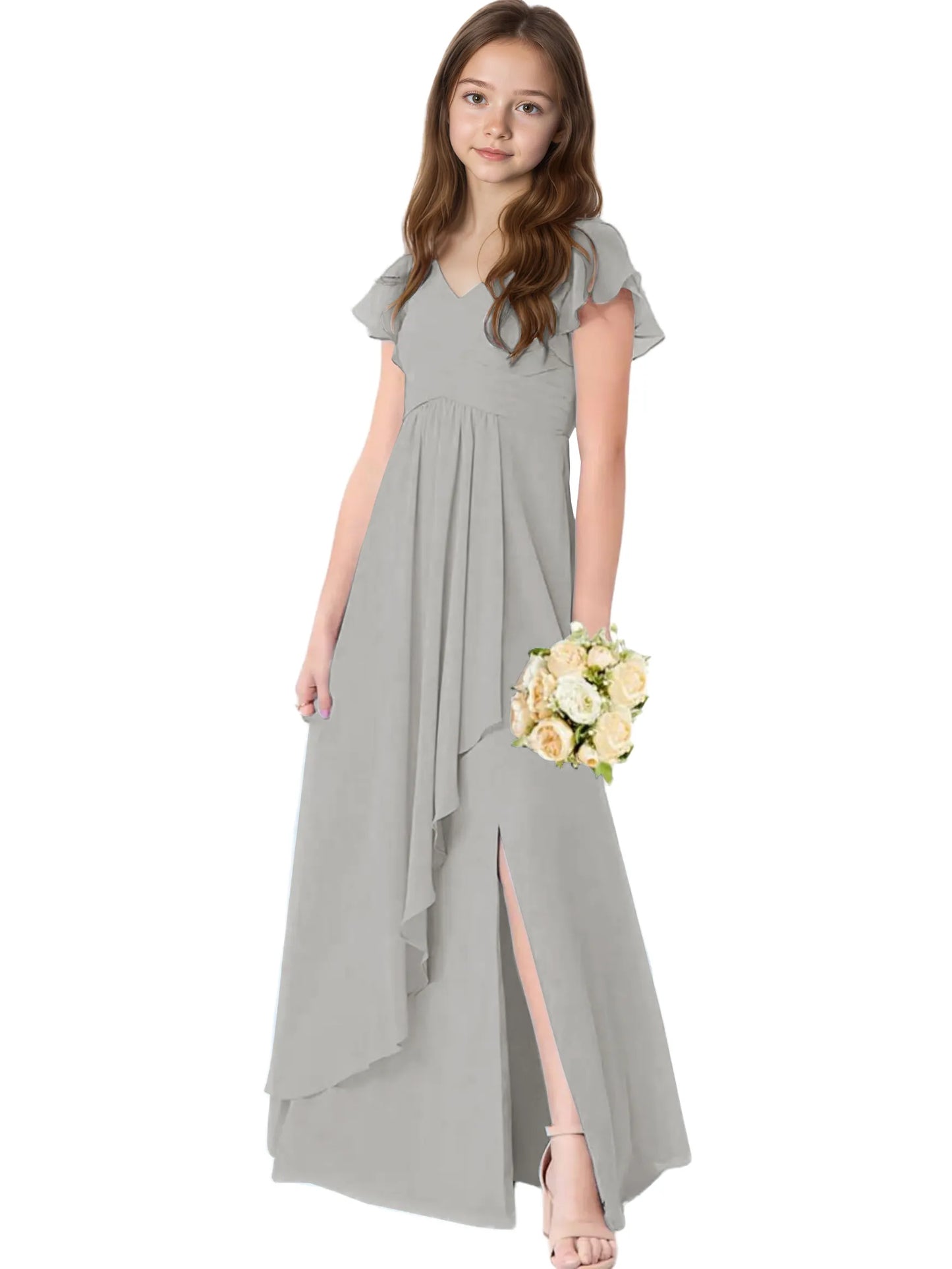Dideyttawl Chiffon Junior Bridesmaid Dresses Ruffle Sleeves Party Gown 2506