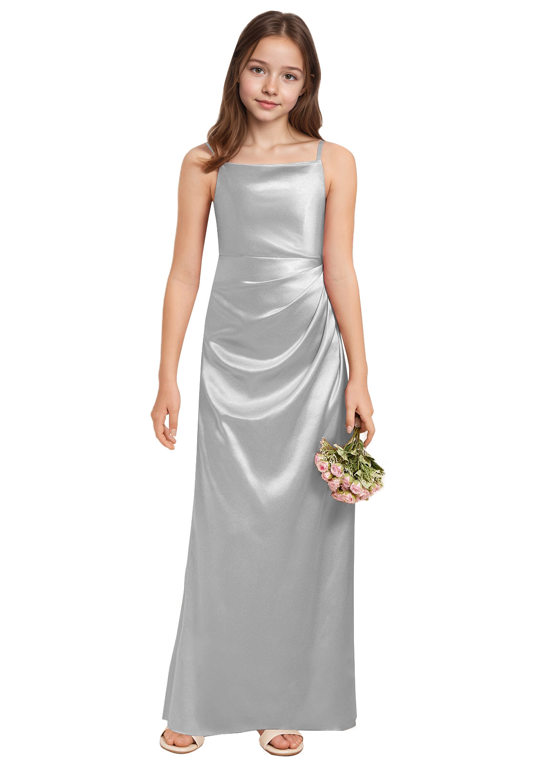 dideyttawl A-Line Junior Bridesmaid Dress Square Neck Pleated Stretch Satin Flower Girl Dress Sleeveless Formal Special Occasion Dress for Wedding 2520