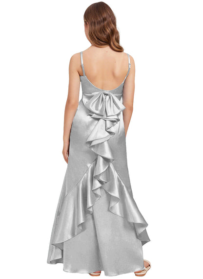 dideyttawl Mermaid Junior Bridesmaid Dress with Slit V-Neck Ruffles Bow Stretch Satin Flower Girl Dress Sleeveless Formal Special Occasion Dress for Wedding 2522