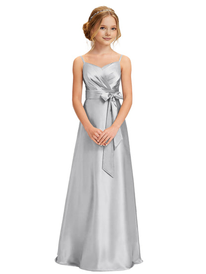 dideyttawl 2026 Girls Pleated Satin Prom Dress Bow Belt Ball Gown Maxi Spaghetti Straps Junior Bridesmaid Dress 2547