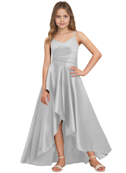 dideyttawl High Low Junior Bridesmaid Dress V-Neck Silk Satin Flower Girl Dress Sleeveless Formal Special Occasion Dress for Wedding 2523