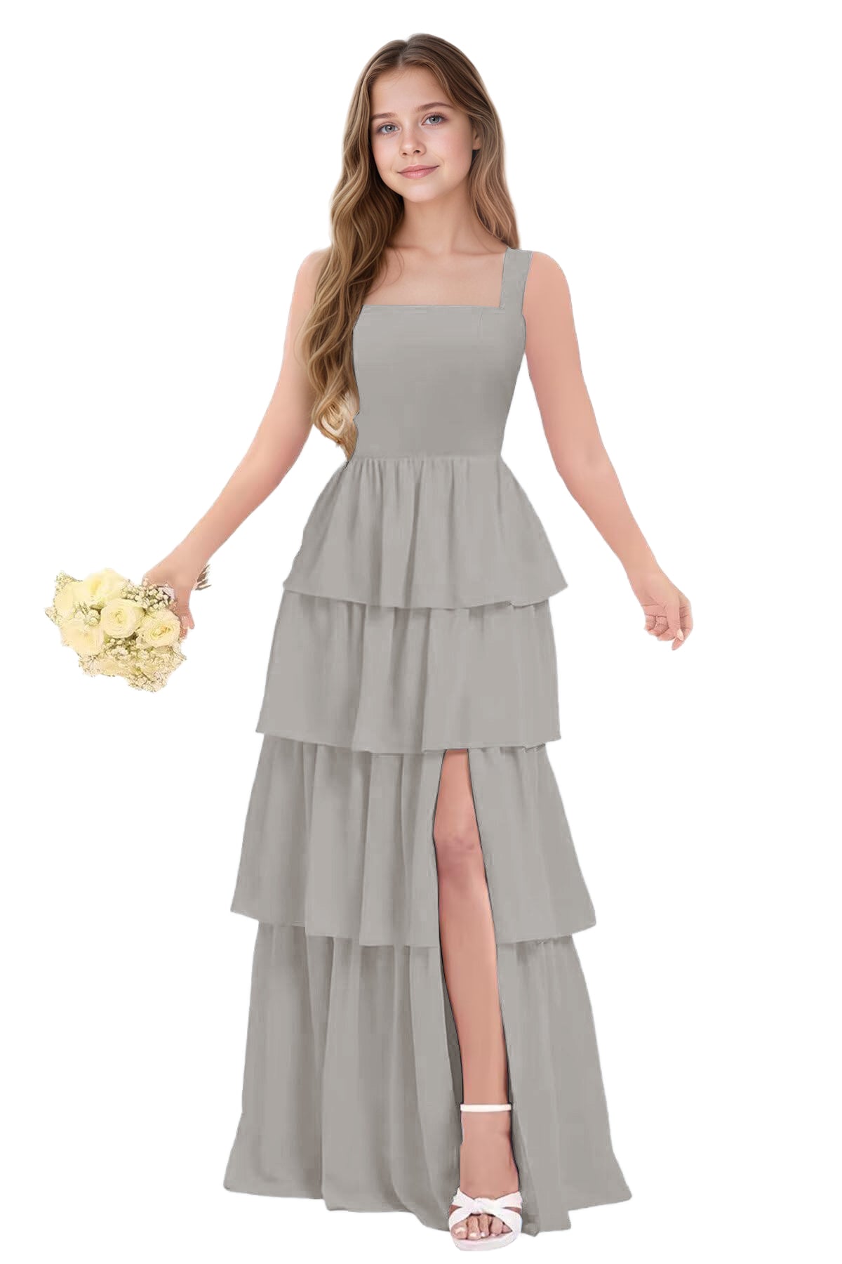 dideyttawl Junior Bridesmaid Dress Spaghetti Strap Square Neck Layered Chiffon A-Line Flower Girl Dress with Slit 2509