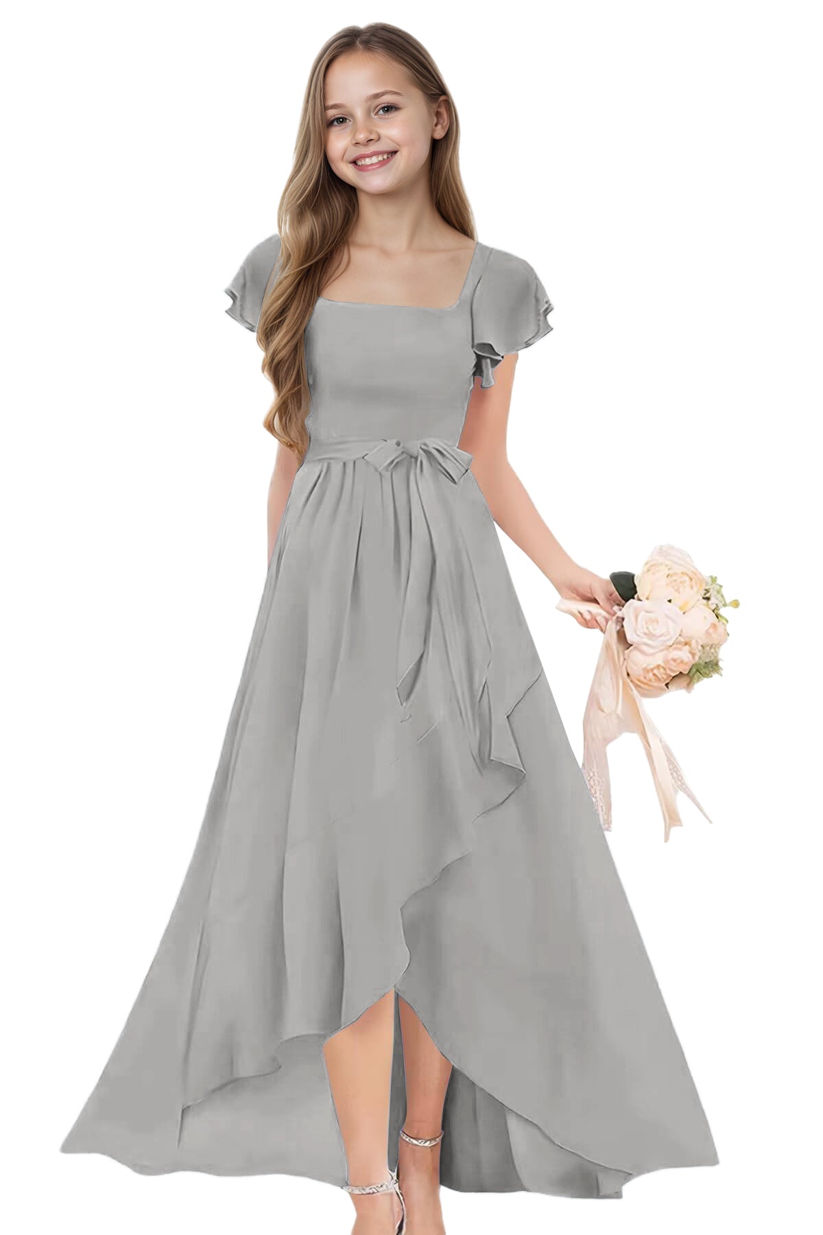dideyttawl Long Junior Bridesmaid Dresses Ruffle Sleeve Square Neck Chiffon Flower Girl Dress for Wedding 2507
