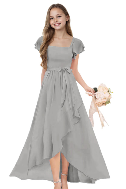 dideyttawl Long Junior Bridesmaid Dresses Ruffle Sleeve Square Neck Chiffon Flower Girl Dress for Wedding 2507